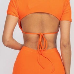 Orange - Open Back Tie Up Crop Top with Biker Shorts Set